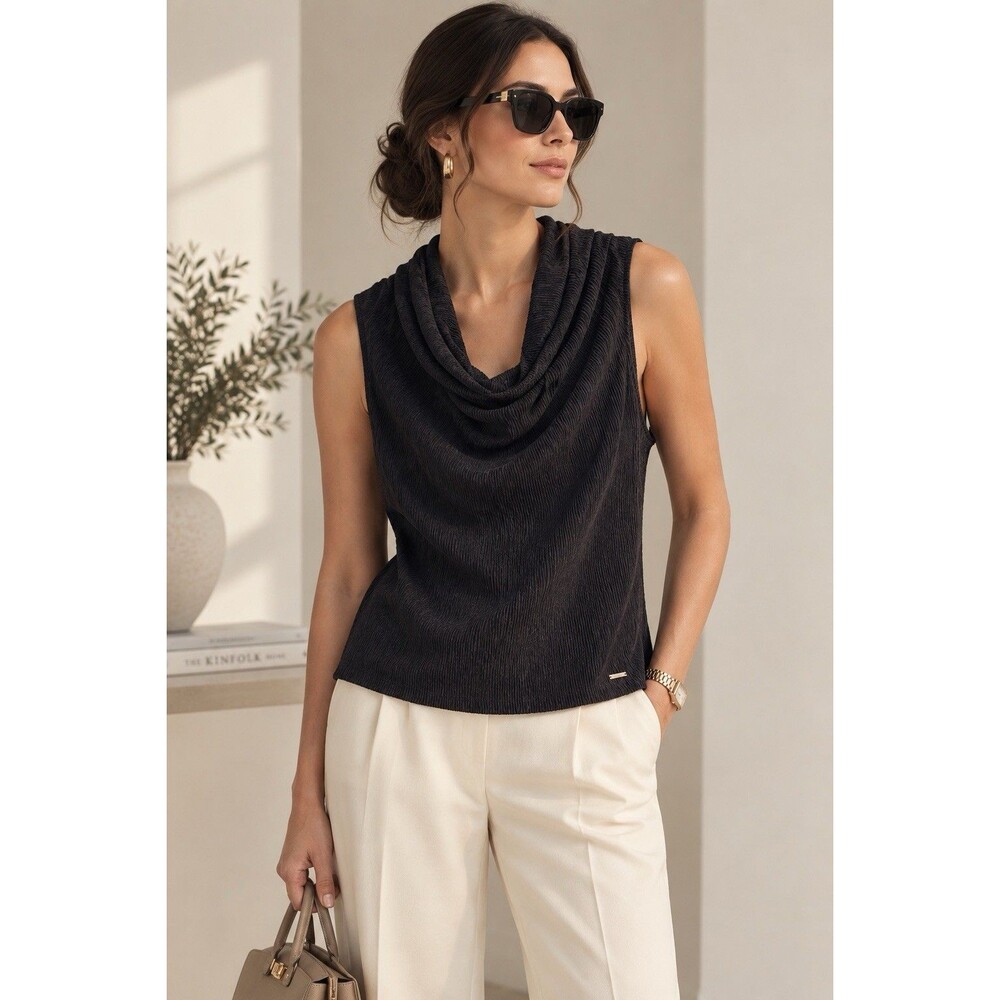 NWT Tahari Black Crinkle Textured Cowl Neck Sleeveless Tank Top Blouse L